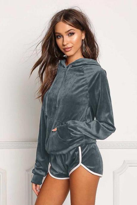 Spring Autumn Women Tracksuits Casual Long Sleeve Hooded Sweatshirt+Shorts Two Piece Sets Sportswears blue-gray