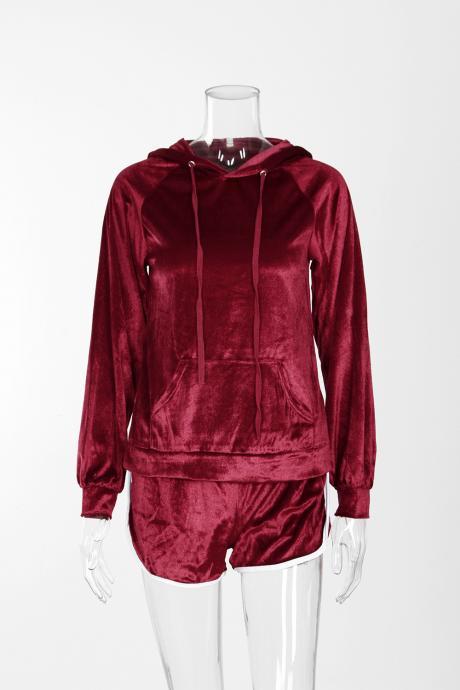 Spring Autumn Women Tracksuits Casual Long Sleeve Hooded Sweatshirt+Shorts Two Piece Sets Sportswears burgundy
