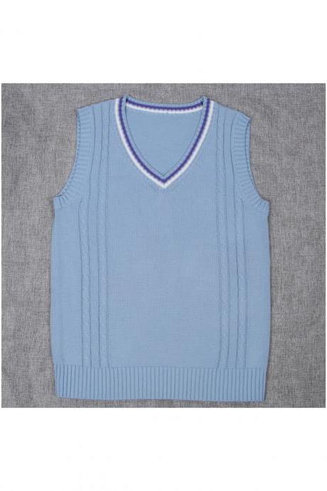 Japanese School Uniform Knitted Vest Women V-neck Sleeveless Sweater Jk Students Pullover Blue