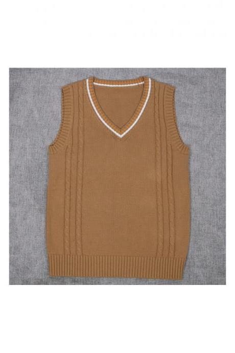 Japanese School Uniform Knitted Vest Women V-Neck Sleeveless Sweater JK Students Pullover coffee