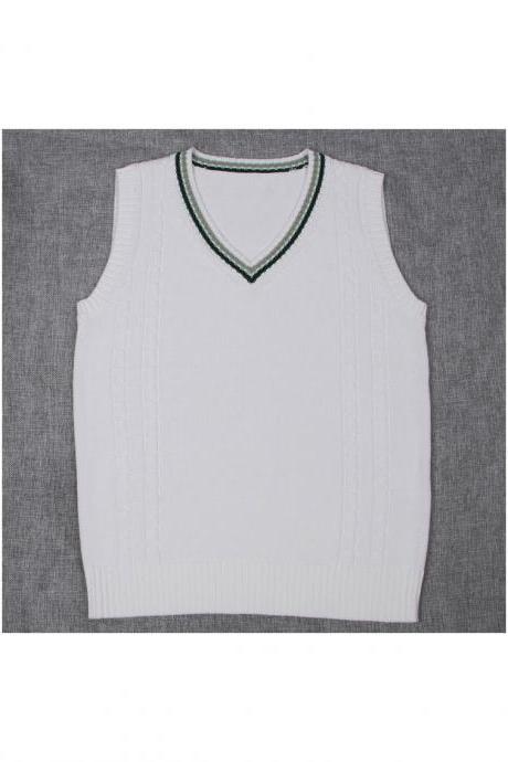 Japanese School Uniform Knitted Vest Women V-neck Sleeveless Sweater Jk Students Pullover Off White+hunter Green