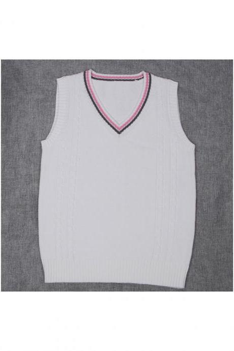 Japanese School Uniform Knitted Vest Women V-neck Sleeveless Sweater Jk Students Pullover Off White+pink