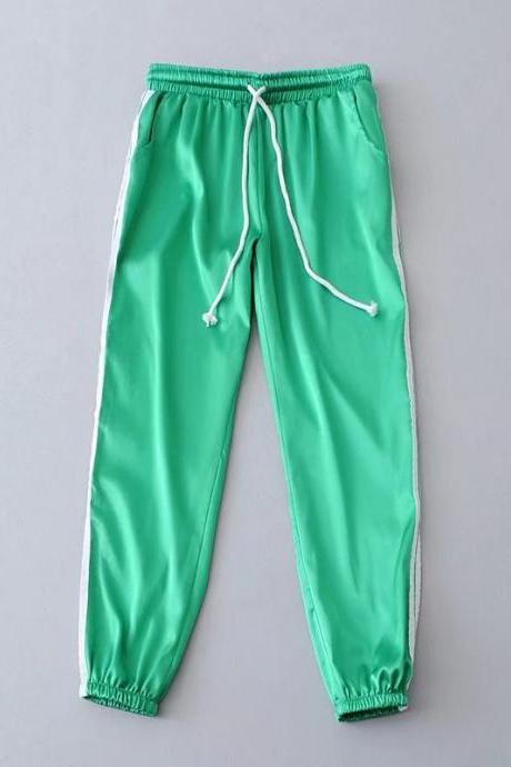 Green Casual Trousers, Joggers, Sweatpants with Side White Stripe