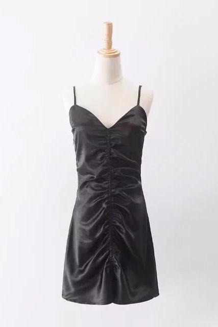 Summer Pleated Mini Slip Dress Sleeveless Spaghetti Strap Sexy Women Party Club Dress Black