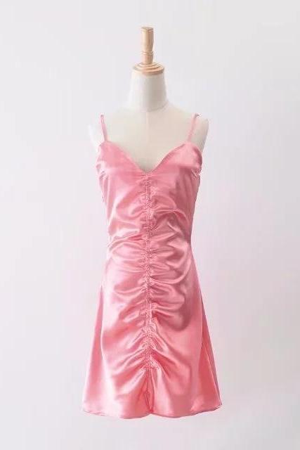 Summer Pleated Mini Slip Dress Sleeveless Spaghetti Strap Sexy Women Party Club Dress pink