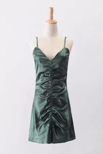 Summer Pleated Mini Slip Dress Sleeveless Spaghetti Strap Sexy Women Party Club Dress Hunter Green