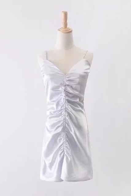 Summer Pleated Mini Slip Dress Sleeveless Spaghetti Strap Sexy Women Party Club Dress silver