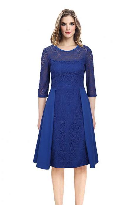 Vintage Lace Patchwork Dress Women 3/4 Sleeve Business Work Office Cocktail Party Dress Blue