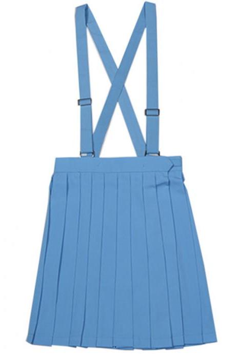 Japanese School Uniform Braces Skirt Girls Solid Pleated JK Suspender Jumper Skirt Cosplay Costume blue