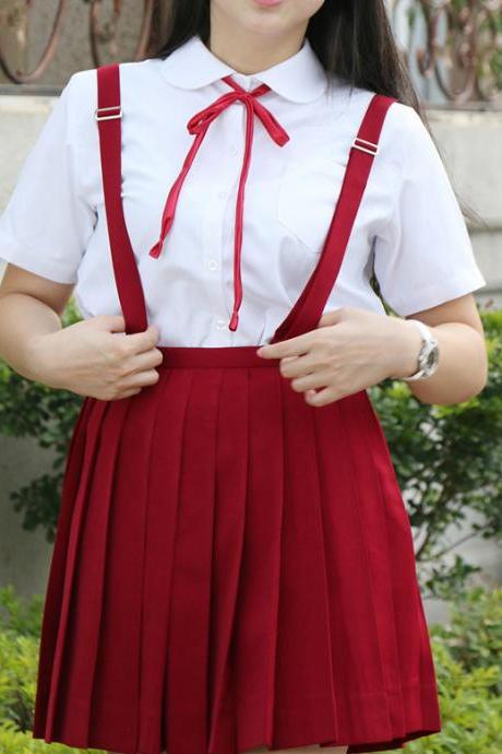 Japanese School Uniform Braces Skirt Girls Solid Pleated JK Suspender Jumper Skirt Cosplay Costume burgundy