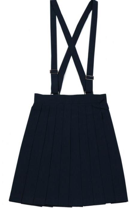 Japanese School Uniform Braces Skirt Girls Solid Pleated JK Suspender Jumper Skirt Cosplay Costume navy blue