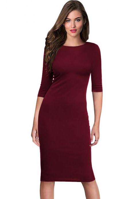 Women Office Work Dress Half Sleeve Simple Slim Knee Length Sheath Bodycon Pencil Dress Burgundy