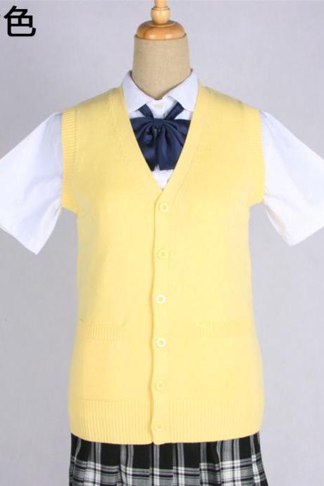 Japanese JK Uniform Cardigans Vest Cosplay Student Cotton V Neck Sleeveless Sweater yellow