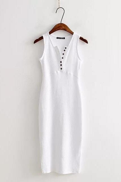 Women Summer Bodycon Dress Sleeveless V-Neck Buttons Slim High Split Club Party Dress white