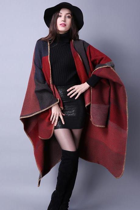 Women Lady Faux Cashmere Scarf Plaid Poncho Cape Floral Wrap Shawl Blanket Cloak 2#