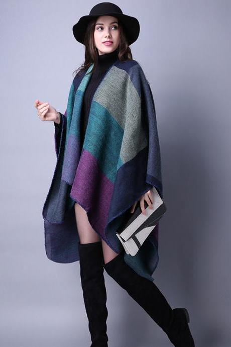 Women Lady Faux Cashmere Scarf Plaid Poncho Cape Floral Wrap Shawl Blanket Cloak 3#