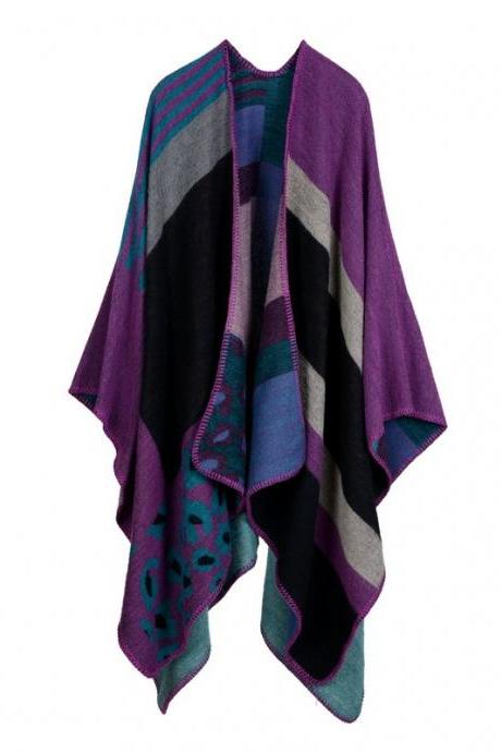 Women Lady Faux Cashmere Scarf Plaid Poncho Cape Floral Wrap Shawl Blanket Cloak 5#