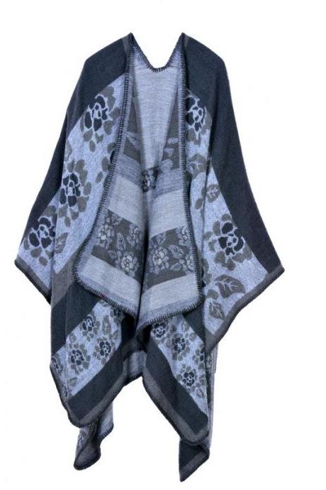 Women Lady Faux Cashmere Scarf Plaid Poncho Cape Floral Wrap Shawl Blanket Cloak 9#