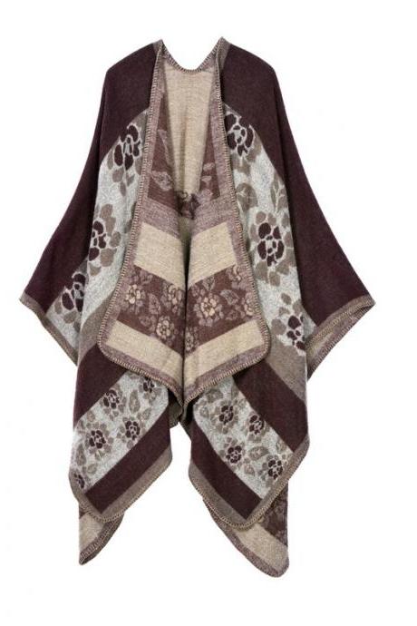 Women Lady Faux Cashmere Scarf Plaid Poncho Cape Floral Wrap Shawl Blanket Cloak 10#