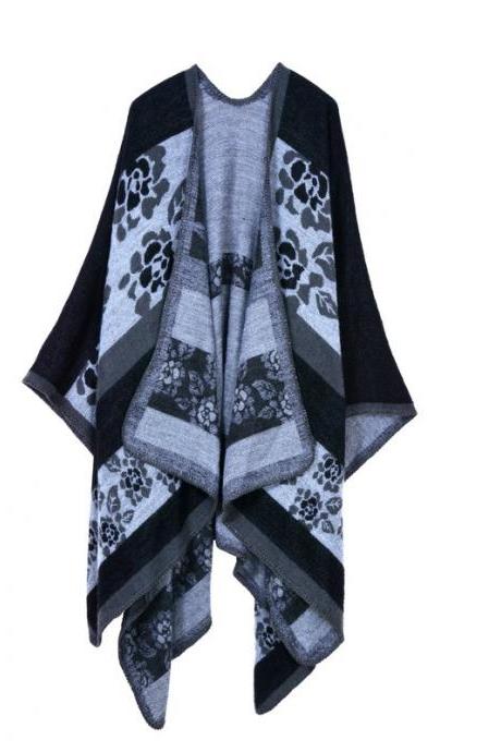 Women Lady Faux Cashmere Scarf Plaid Poncho Cape Floral Wrap Shawl Blanket Cloak 11#