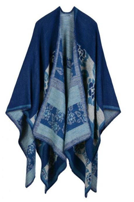 Women Lady Faux Cashmere Scarf Plaid Poncho Cape Floral Wrap Shawl Blanket Cloak 12#