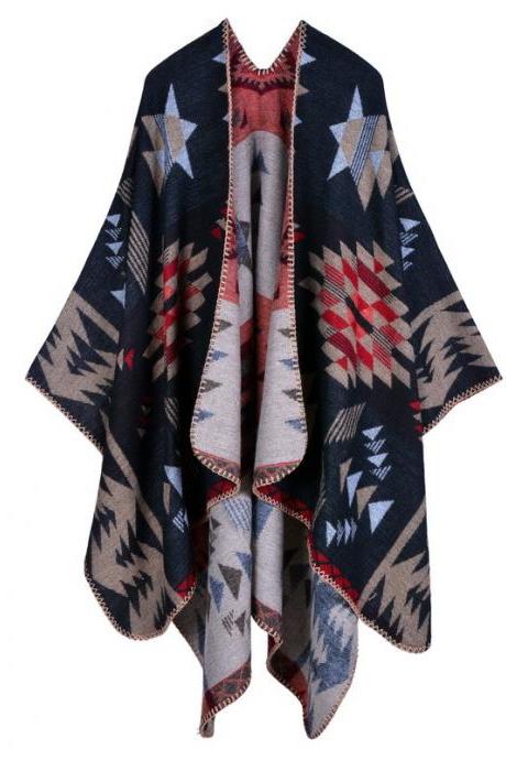 Women Lady Faux Cashmere Scarf Plaid Poncho Cape Floral Wrap Shawl Blanket Cloak 14#