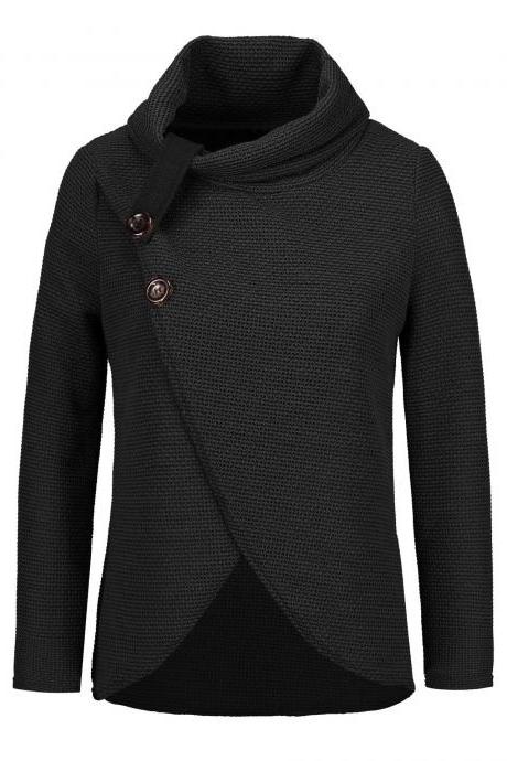  Women High Neck Sweater Buttons Loose Long Sleeve Asymmetrical Jumper Knitted Pullover Shirt black