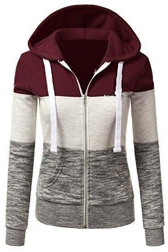 Spring Autumn Women Sweatshirt Coat Casual Zipper Contrast Color Hooded Jacket Outerwear 1#
