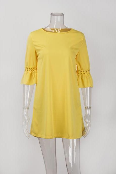 Yellow Round Neck Casual Summer Shift Dress with Hollow Out 3/4 Sleeves
