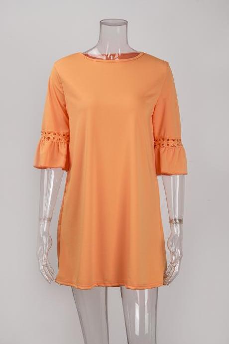 Women Summer Casual Dress Flare 3/4 Sleeve Lace Patchwork O Neck Holiday Party Dress orange