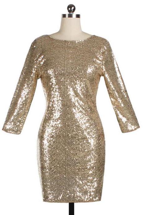 Women Mini Sequined Dress O Neck 3/4 Sleeve Bodycon Slim Pencil Party Club Dress Gold