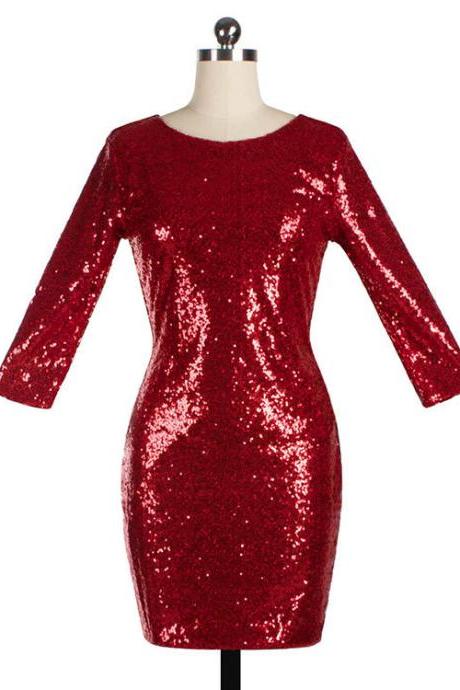 Women Mini Sequined Dress O Neck 3/4 Sleeve Bodycon Slim Pencil Party Club Dress red