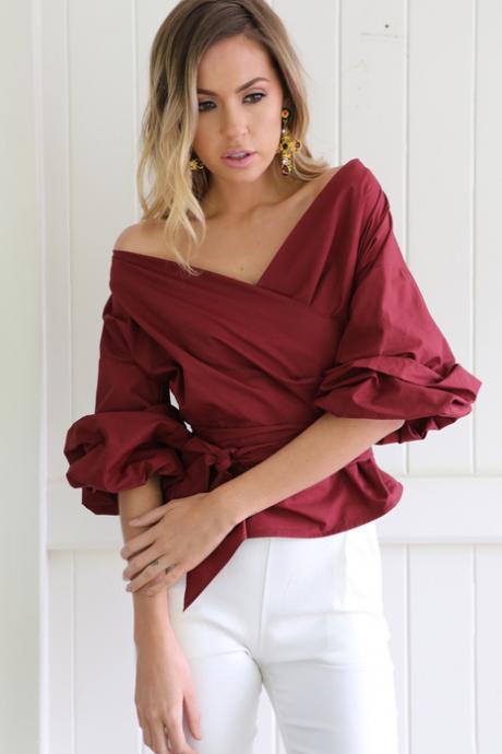 Dark Red Off-the-Shoulder Wrap Belted Blouse with Long Puff Sleeves