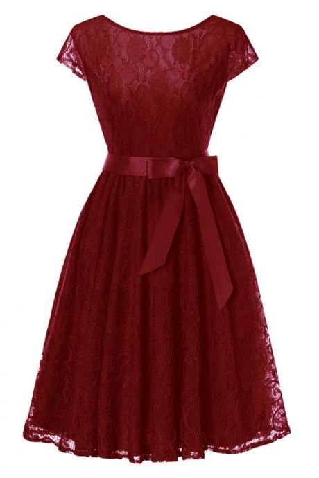 Elegant Floral Lace Pleated Dress Women Cap Sleeve Vintage Belted Swing Casual Party Dress Burgundy