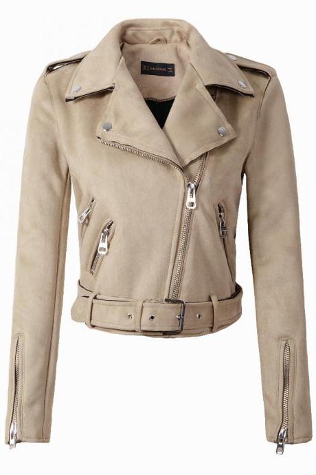 New Arrial Women Suede Faux Leather Jackets Lady Fashion Motorcycle Coat Biker Outerwear beige