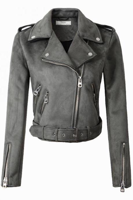 Arrial Women Suede Faux Leather Jackets Lady Fashion Motorcycle Coat Biker Outerwear Gray