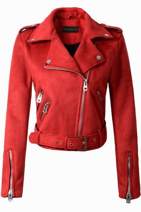  New Arrial Women Suede Faux Leather Jackets Lady Fashion Motorcycle Coat Biker Outerwear red
