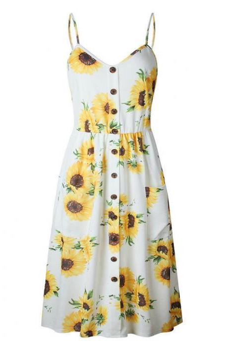 Spaghetti Strap Sunflower Floral Print Summer Midi Dress with Pockets