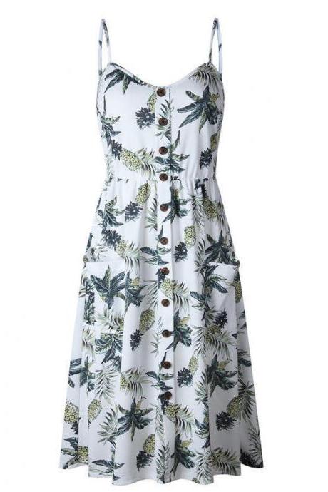 Spaghetti Strap Tropical Print Summer Midi Dress with Pockets