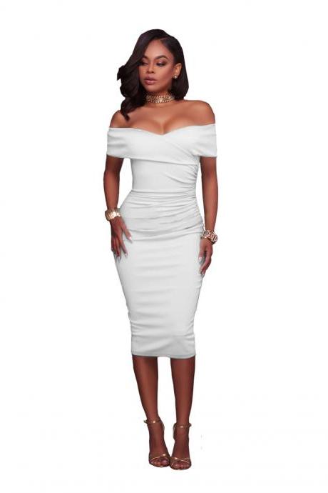 Women Midi Bodycon Dress Ruched Elegant Sexy Off the Shoulder Party Clubwear Pencil Dress off white