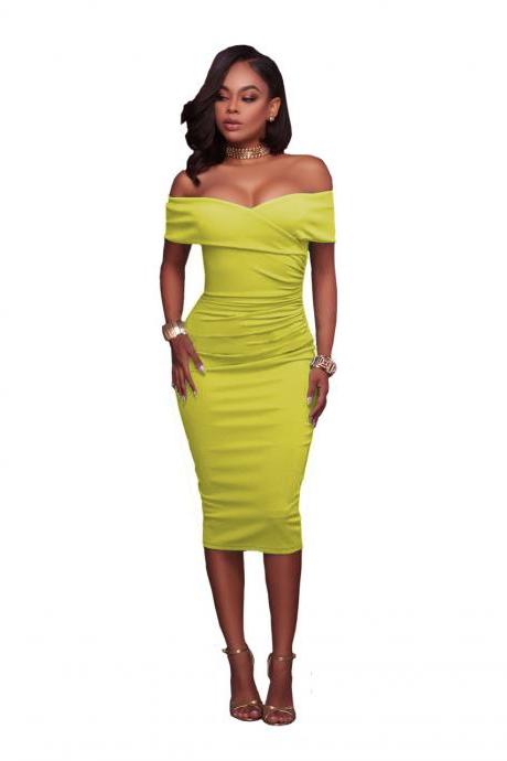 Women Midi Bodycon Dress Ruched Elegant Sexy Off the Shoulder Party Clubwear Pencil Dress yellow