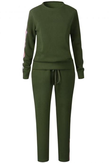 Women Tracksuit Casual Long Sleeve O-neck Hoodies+pants Striped Two Pieces Suit Sportwear Army Green