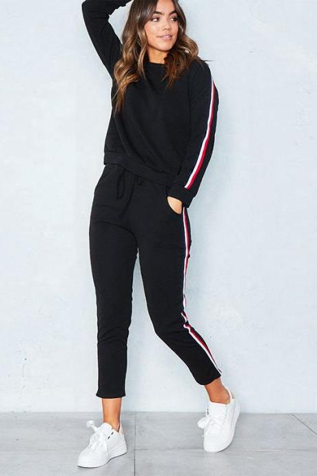 Women Tracksuit Casual Long Sleeve O-neck Hoodies+pants Striped Two Pieces Suit Sportwear Black
