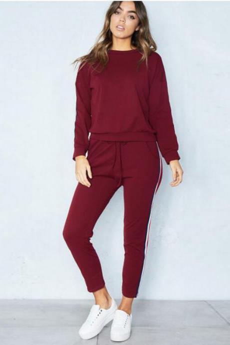 Women Tracksuit Casual Long Sleeve O-neck Hoodies+pants Striped Two Pieces Suit Sportwear Burgundy