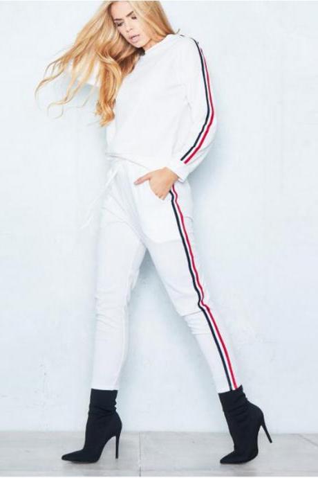 Women Tracksuit Casual Long Sleeve O-neck Hoodies+pants Striped Two Pieces Suit Sportwear Off White