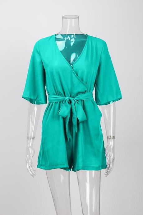 Women Summer Short Jumpsuit V Neck Chiffon Sexy Playsuit Half Sleeve Belted Beach Party Rompers green