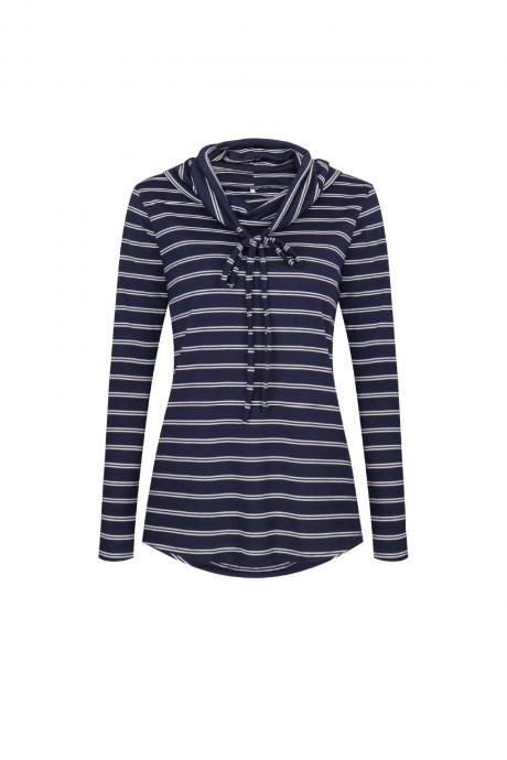 Spring Autumn Women Striped T-shirt Casual Long Sleeve Turtleneck Basic Tees Ladies Tops Navy Blue
