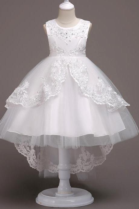 High Low Lace Flower Girls Dress Wedding Teens Prom Party Perform Gowns Kids Children Clothes Off White