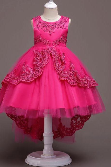 High Low Lace Flower Girls Dress Wedding Teens Prom Party Perform Gowns Kids Children Clothes Hot Pink