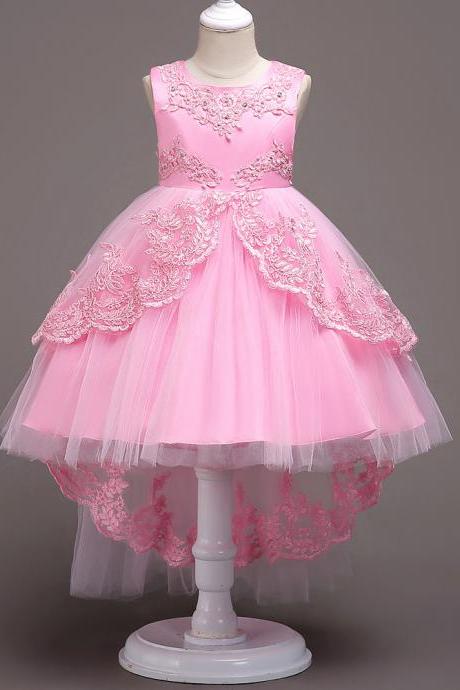High Low Lace Flower Girls Dress Wedding Teens Prom Party Perform Gowns Kids Children Clothes pink